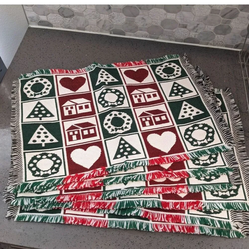 Christmas Woven Tapestry Placemats Red Green Folk Art Fringe 21x14- Set of 6
